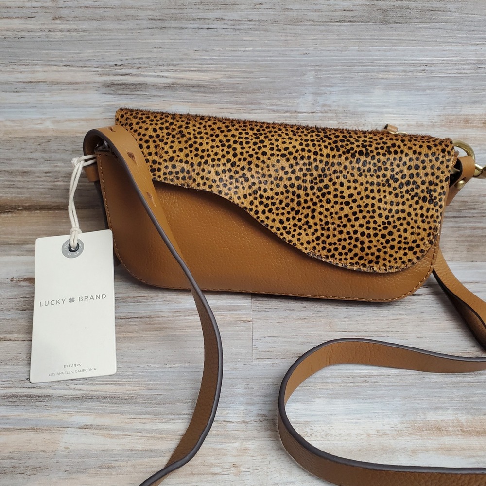 Lucky Brand Pebbled Leather Cheetah‎ Calf Hair Crossbody Bag Brown Animal Print